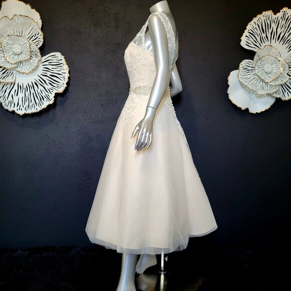 NWT~$1499~ELLA ROSA~SZ 10~IVORY EMBELLISHED LACE TEA LENGTH WEDDING DRESS GOWN - Picture 7 of 16